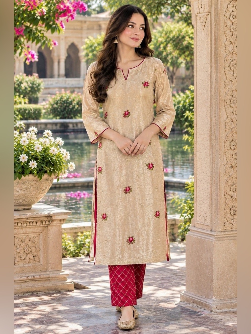 Floral Embroidered Kurta in Beige & Red